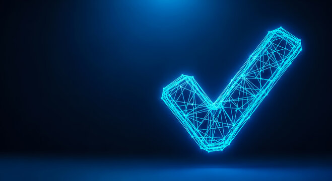 A low-poly, neon blue check mark icon floating on a dark gradient background, symbolizing approval or success.