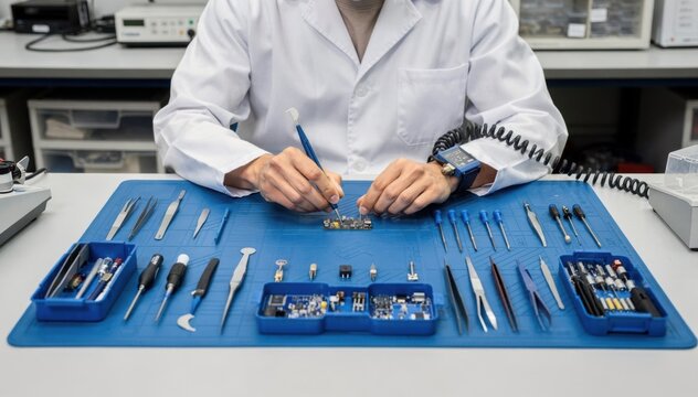 Medium shot of an electrostatic discharge safe workstation featuring blue grounded mats neatly arranged tools and a technician wearing a wrist strap for static protection.