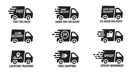 Delivery truck service labels set including fast shipping same day and location tracking badges now. © MdAbdul