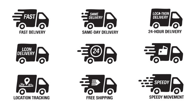 Delivery truck service labels set including fast shipping same day and location tracking badges now.