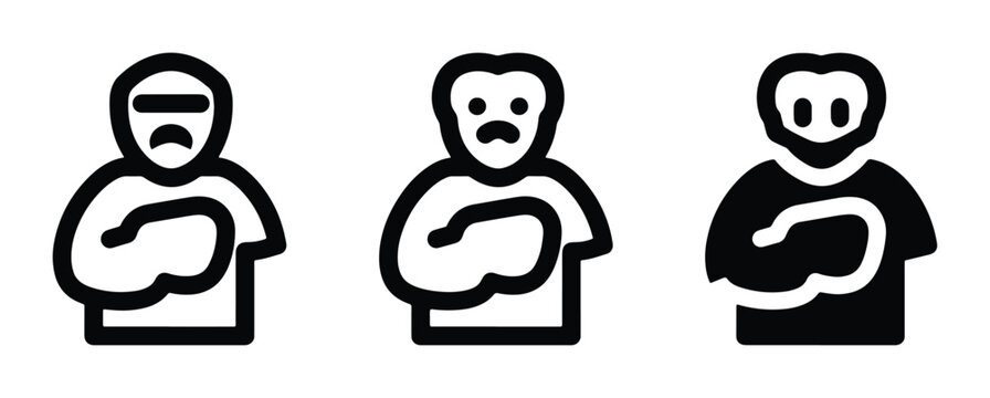 Three stylized male figures, diverse facial expressions, arms crossed, vector icons representing emotions, attitudes, and character archetypes