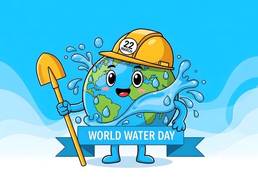 Globe character in hard hat holding shovel and water on World Water Day