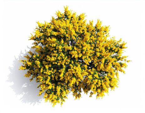 Overhead view of a vibrant, bushy tree in full bloom with bright yellow flowers