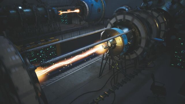 Searing plasma filament inside confinement chamber, braided cables and sensor arrays, ambient lab glow with scattered instrumentation lights, control algorithm