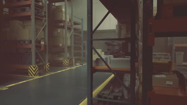Inside a busy warehouse, tall shelves overflow with neatly stacked boxes. A sense of orderliness prevails as daylight filters through, illuminating organized activity and careful planning.