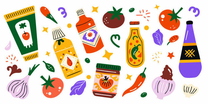 colorful condiment illustration kit with tomatoes peppers and sauce bottles