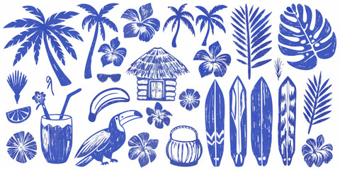 Obraz premium tropical vacation icons and illustrations in blue ink style