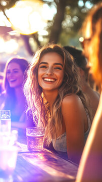 Joven sonriendo en una fiesta nocturna al aire libre con luces moradas y efecto bokeh. Confianza y energ&iacute;a social propias de la vida nocturna. Gran demanda para campa&ntilde;as de eventos, entretenimiento