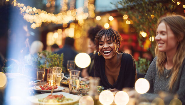 Un grupo diverso y feliz de amigos en una fiesta de verano al aire libre con luces bokeh. Energ&iacute;a social inclusiva con reacciones aut&eacute;nticas. Cubre las necesidades de contenido sobre diversidad.