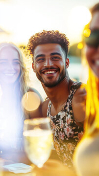 Joven apuesto sonriendo a la c&aacute;mara en una fiesta de verano al aire libre. Transmite confianza y soltura en p&uacute;blico con luz natural. Gran demanda de campa&ntilde;as de moda, cuidado personal y estilo de vida