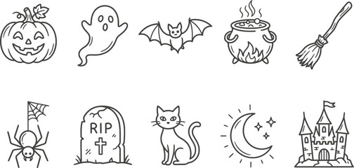 Fototapeta premium Halloween line art icons set spooky symbols and objects