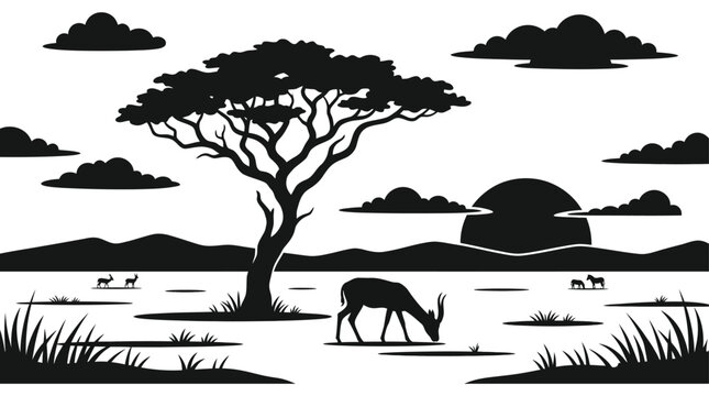 African savanna landscape with acacia tree and animals silhouette