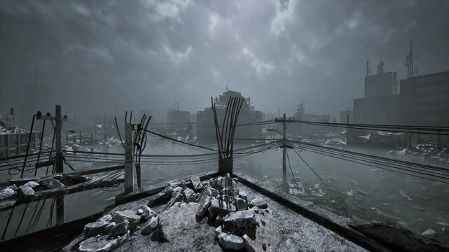 Rooftop rebar overlooking ruined industrial skyline, snowdusted concrete and tangled wires under heavy clouds, distant collapsed structures and muted monochrome