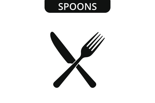 Black silhouette of crossed cutlery including spoons forks and knives on a white background.