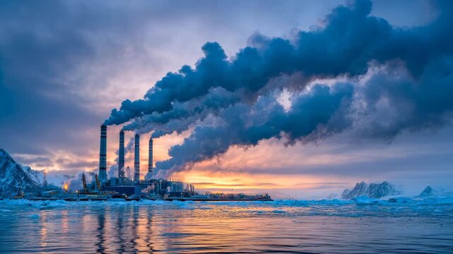Industrial power plant emitting smoke into the sky at sunset, surrounded by icy waters and mountains, showcasing the contrast between nature and human activity