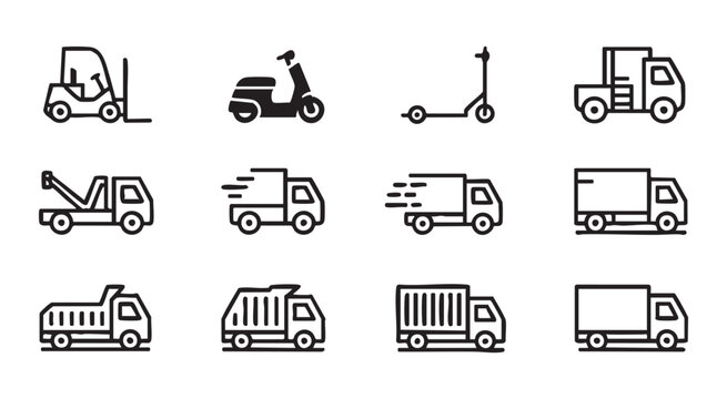 Set of logistics and transport vehicle icons including forklift scooter truck dump and towing cars.