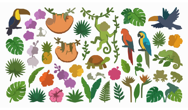 Tropical Jungle Element Collection with Toucan Sloth Parrot Monstera and Exotic Flowers