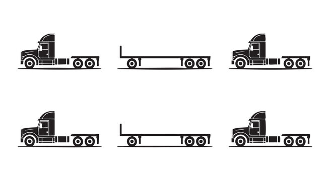 Heavy duty truck icon set with semi trailers and flatbed cargo vehicles for logistics transportation.