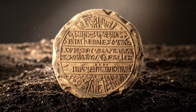 Ancient cuneiform tablet fragment showcasing intricate Mesopotamian script resting on earth