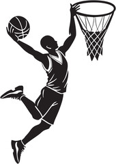 Silhouette of a basketball player dunking a ball into the hoop dynamic action vector illustration for sports graphics and game design © Aliza