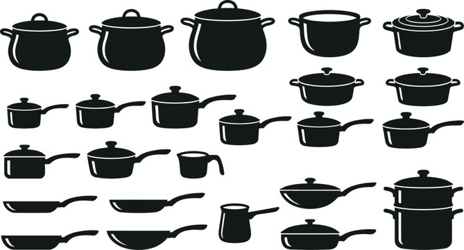 Cooking pots, pans, and kitchen utensils.