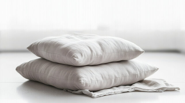 Stacked meditation cushions on minimal white background with soft natural light