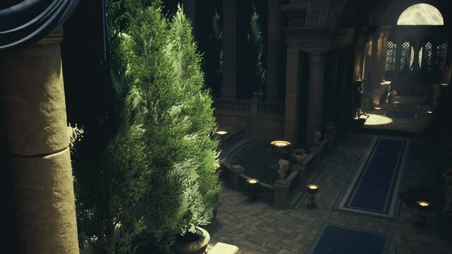 circular ritual atrium with flame bowls and low perimeter lights, blue runner guides through carved stone balustrade toward shadowed recess, solemn ceremonial