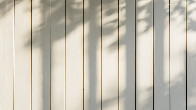 Abstract texture background with natural tree and plant shadows on a white wooden panel surface, creating a beautiful tranquil pattern outdoors