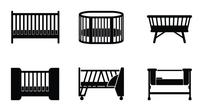 Baby Crib Icons Set, Nursery Furniture Collection, Infant Bed Silhouettes, Modern Bassinet Vector Graphics