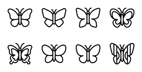 8 Butterfly Icons, Delicate Insect Vector Graphics, Simple Outline Art, Nature Elements for Design © Jahidul
