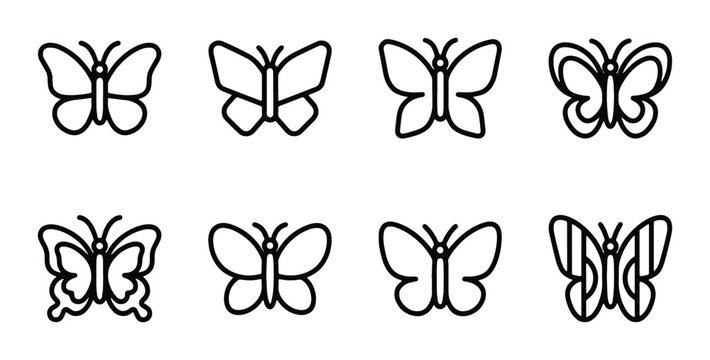 8 Butterfly Icons, Delicate Insect Vector Graphics, Simple Outline Art, Nature Elements for Design
