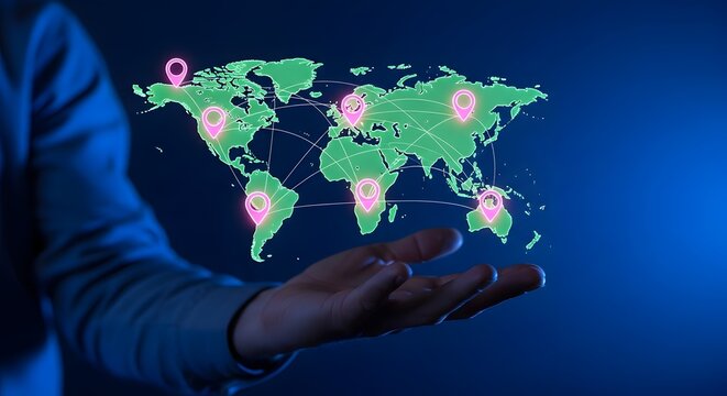 person holding digital world map with pink location pins