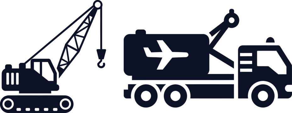 Crawler Crane And Aircraft Tow Truck With Airplane Symbol On White Keywords: crawler crane, construction crane, lifting equipment