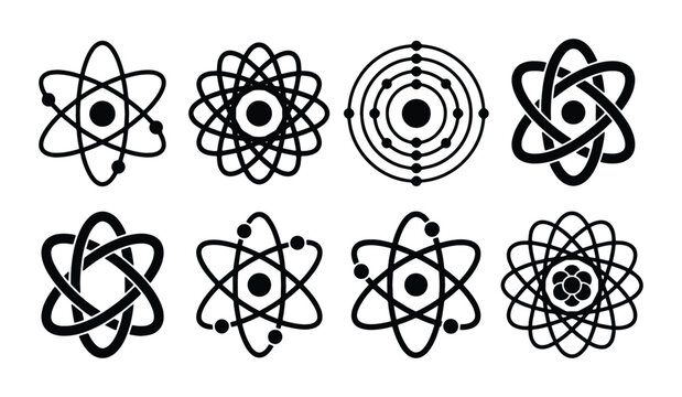 Atomic Structure Icons, Science Symbols, Molecular Models, Chemistry Elements, Physics Concepts, Vector Graphics Set