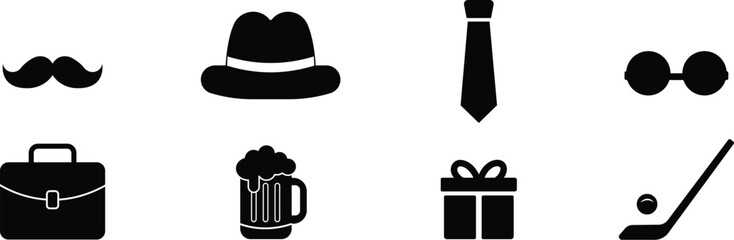 Happy Fathers Day icon set featuring mustache, hat, tie and sunglasses. © Anabia