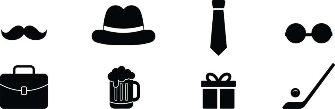 Happy Fathers Day icon set featuring mustache, hat, tie and sunglasses.