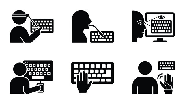Computer Keyboard Input Methods, Ergonomics, and Accessibility Icons Set: Diverse User Interaction and Accessibility Solutions for Digital Interfaces