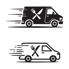 Fast food delivery van icons with cutlery symbol for restaurant order and catering service branding. © MdAbdul