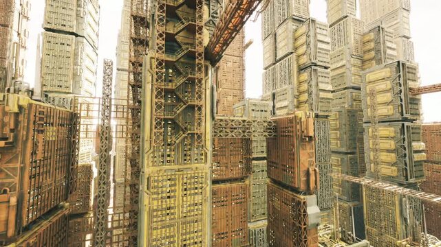 tall service towers and exposed pipes under bright sky, warm light revealing intricate paneling and access ladders, quiet industrial grandeur and scale.