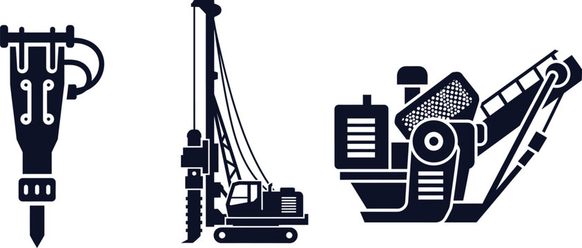 Pneumatic Jackhammer, Pile Driver Machine And Mobile Crusher On White Keywords: jackhammer, pneumatic drill, demolition tool, pile