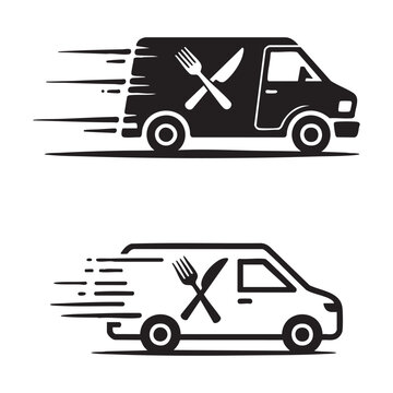 Fast food delivery van icons with cutlery symbol for restaurant order and catering service branding.