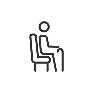 Person sitting with cane, linear style icon. Priority seating and mobility assistance. Editable stroke width.