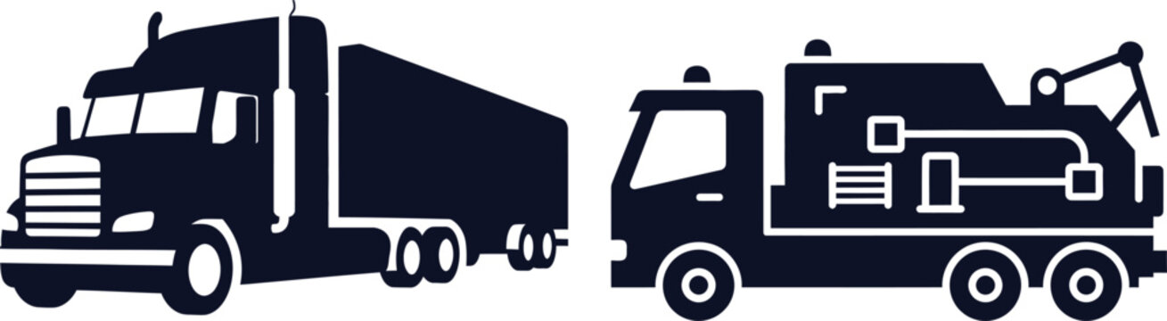 Silhouette Icons of a Semi- Trailer Truck and a Tow Truck on White Background Keywords: semi-trailer truck, tow truck, transport
