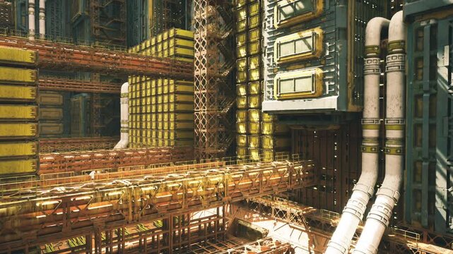 quiet nightshift workshop draped in amber light, stacked platforms, idle conveyors, resting crates and soft reflections on metallic surfaces evoking nocturnal