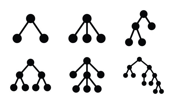 Abstract Tree Structures, Data Branching Diagrams, Network Nodes, Binary and Ternary Tree Visualizations, Conceptual Science and Technology Icons