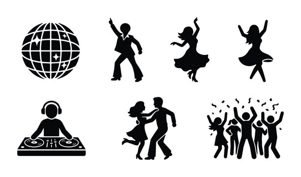 Disco Ball, DJ, Dancing Couples, and Party Crowd Silhouettes Vector Icons Set. Retro 70s Nightlife Celebration Graphics.