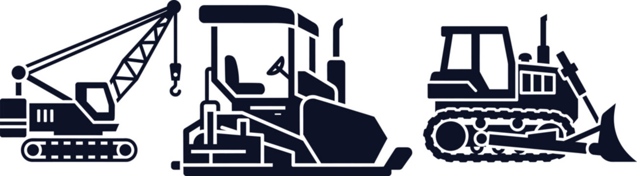 Silhouettes of a Crawler Crane, Paver, and Bulldozer on White Background construction heavy equipment