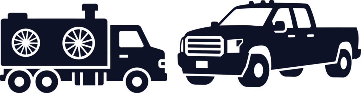Silhouettes of a steamroller truck and a pickup truck on a white background road roller compactor