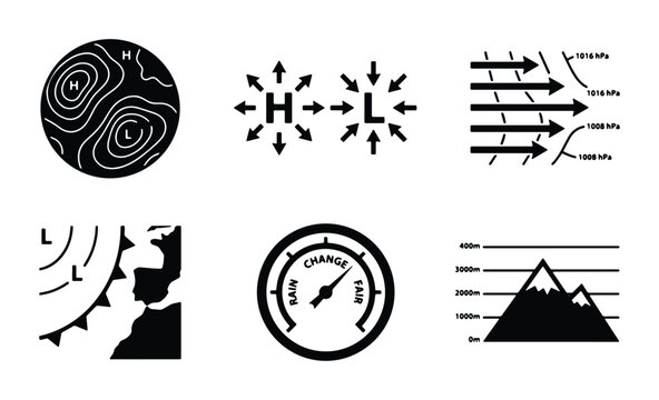 Weather Icons Set: Meteorological Symbols for Climate Science, Atmospheric Pressure, and Forecasting. Includes Isobars, Fronts, and Altitude Charts.