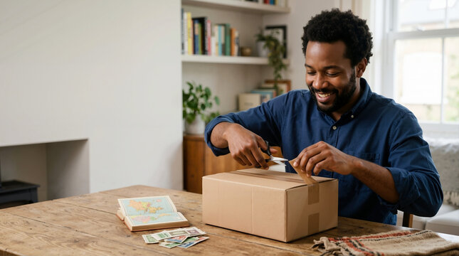 Happy African American man opening a cardboard box at home. Customer unboxing a package from an online shopping delivery. E-commerce and shipping concept with copy space